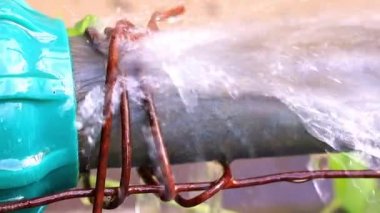 Metal ve plastik boru kavşağında Jet ve su damlacıkları