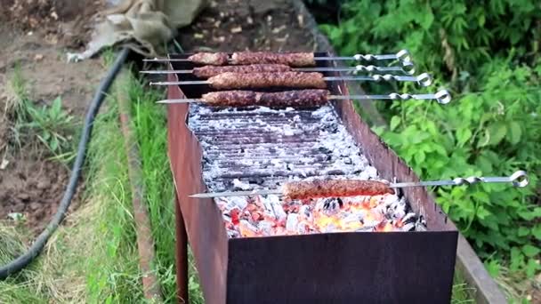 火鉢で炭火の串焼き 肉の準備 — ストック動画