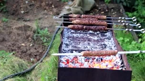 Подготовка Мяса Шашлыках Горячих Углях Жаровне — стоковое видео