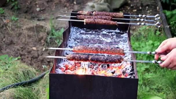 Preparación Carne Pinchos Carbones Calientes Brasero — Vídeo de stock
