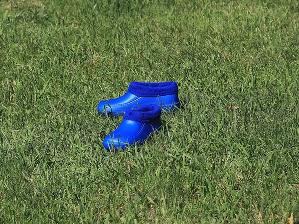 草の芝生のガーデニングの地位のためのゴム靴 — ストック写真
