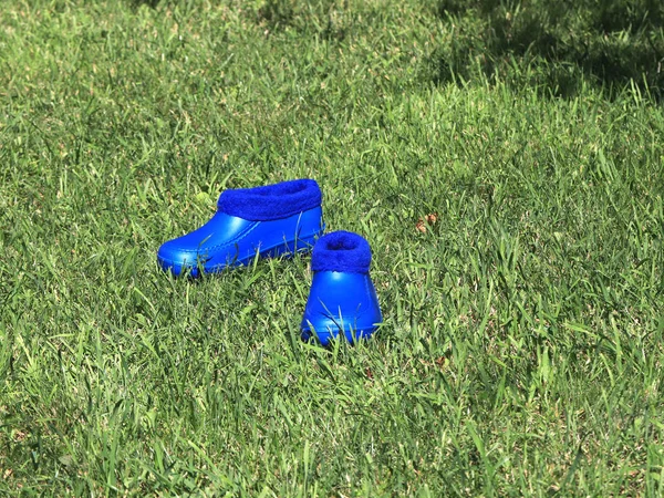 rubber shoes for gardening standing on grass lawn