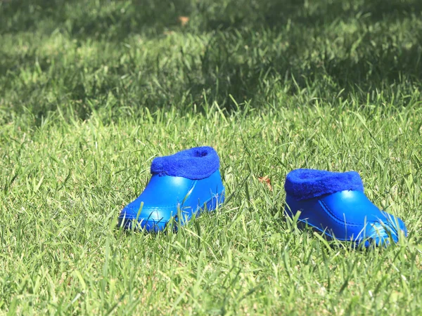 Zapatos Goma Para Jardinería Pie Sobre Césped Hierba —  Fotos de Stock