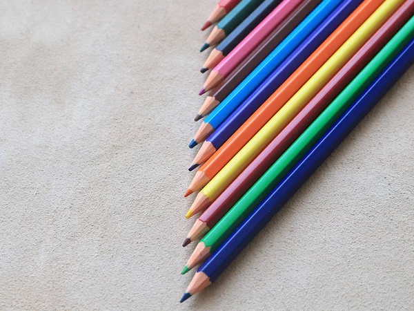 Set Colored Pencils Drawing Lies Piece Real Leather — Stock Photo, Image