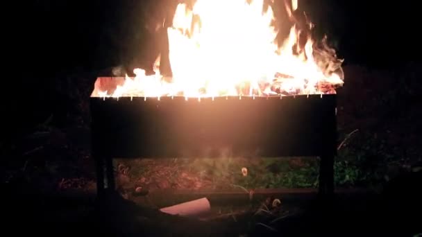Otwórz Silny Ogień Kociołek Wieczorem Letni Dzień — Wideo stockowe