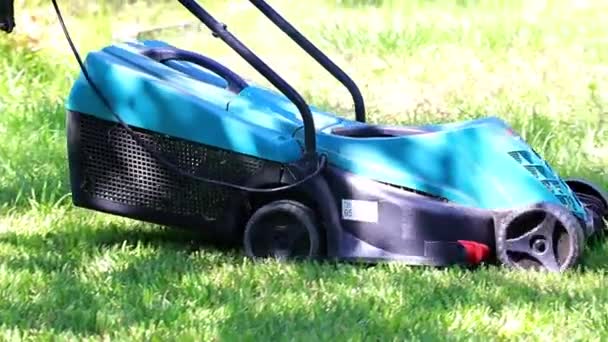 Cortar Césped Verde Fresco Hierba Con Una Segadora Eléctrica — Vídeo de stock