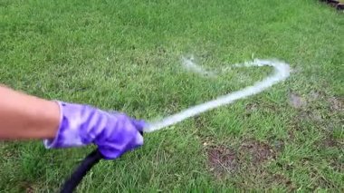 bir güçlü su jeti ile taze yeşil çim yağmurlama