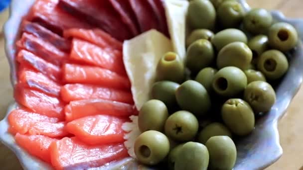 Slices Salmon Fillet Canned Olives Part Treat — Stock Video