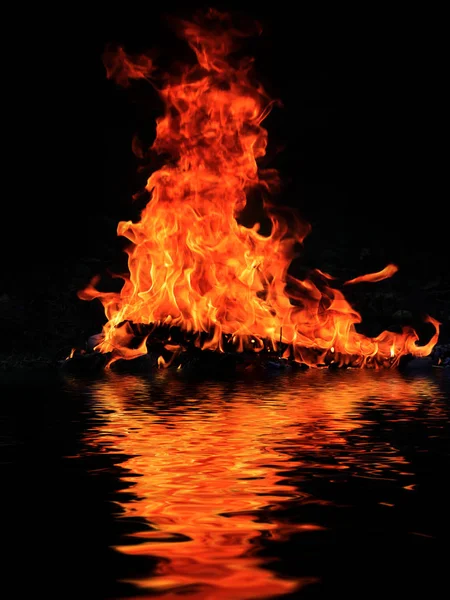 Bright Fire Burning Shipwreck Debris Surface Water — Stock Photo, Image