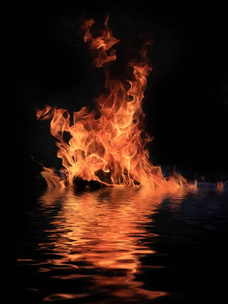 Bright Fire Burning Shipwreck Debris Surface Water — Stock Photo, Image