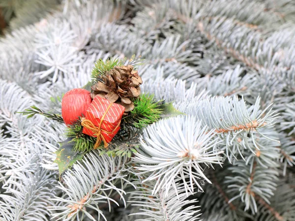 圣诞树绿色树枝上的玩具和装饰品 — 图库照片