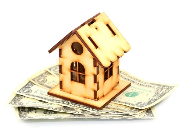 Casa Madera Encuentra Billetes Papel Dólares Estadounidenses Como Opción Hipoteca — Foto de Stock