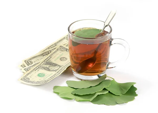 herbal green tea and leaves of the ginkgo biloba tree next to a pile of paper dollars