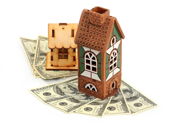 Casas Madera Arcilla Billetes Papel Dólares Estadounidenses Como Símbolo Volatilidad — Foto de Stock