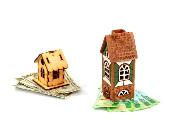 Wooden Hut Stands Dollars Stone House Stands Russian Rubles Stock Photo