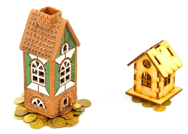 Brick House Wooden Hut Pile Russian Coins Symbol Difference Investments Royalty Free Stock Images