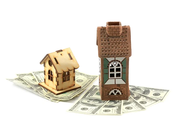 Деревянные Глиняные Дома Бумаге Отмечают Американские Доллары Символ Волатильности Финансового Стоковая Картинка
