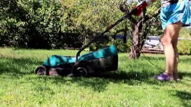 bir çim Bahçe çim biçme makinesi üzerinden taze ot biçme