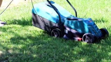 bir çim Bahçe çim biçme makinesi üzerinden taze ot biçme