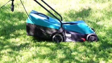 bir çim Bahçe çim biçme makinesi üzerinden taze ot biçme