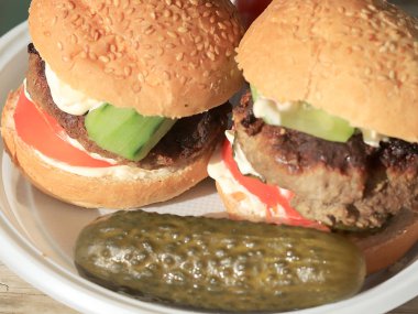 et patty taze domates ve salatalık rustik bir masanın üzerinde yatan bir ekmek topuz, sandviç