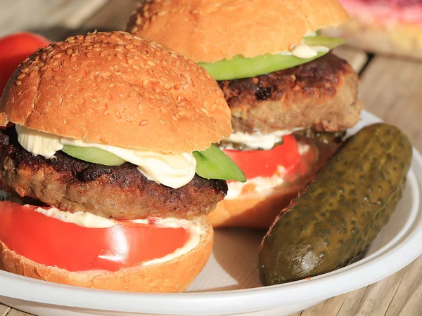 meat patty with fresh tomatoes and cucumbers in a bread bun lying on a rustic table, sandwich