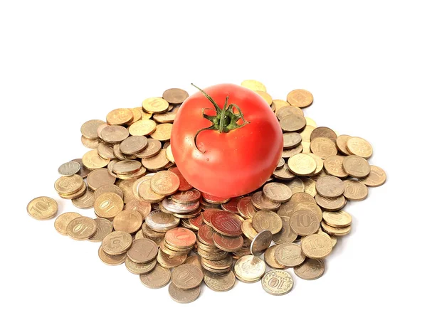 Ripe Tomato Lies Pile Russian Rubles Gold Color Symbol Cost — Stock Photo, Image