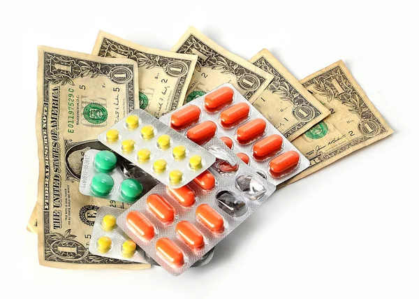 Tabletas Pastillas Están Dólares Papel Americano Como Símbolo Medicina Pagada — Foto de Stock