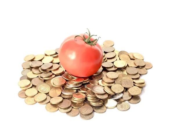 Ripe Tomato Lies Pile Russian Rubles Gold Color Symbol Cost — Stock Photo, Image