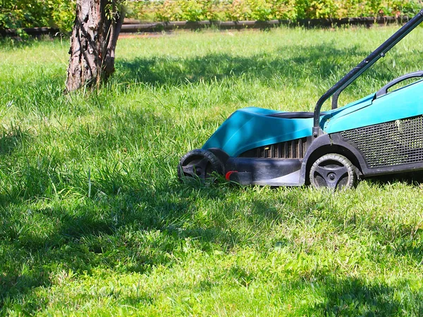 Slåtter Gröna Saftiga Gräset Äng Med Gräsklippare — Stockfoto