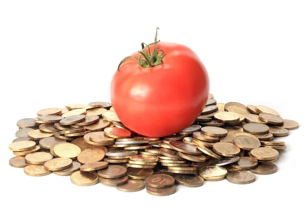 Ripe Tomato Lies Pile Russian Rubles Gold Color Symbol Cost — Stock Photo, Image