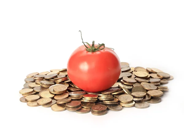 Ripe Tomato Lies Pile Russian Rubles Gold Color Symbol Cost — Stock Photo, Image