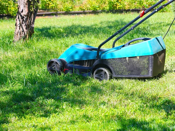 mowing green succulent grass in a meadow with a lawnmower