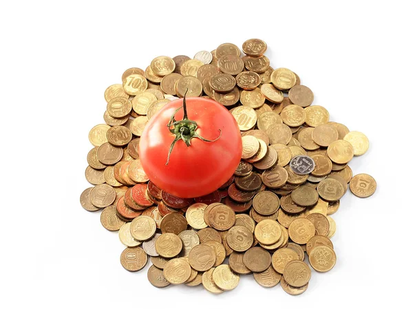 Ripe Tomato Lies Pile Russian Rubles Gold Color Symbol Cost — Stock Photo, Image