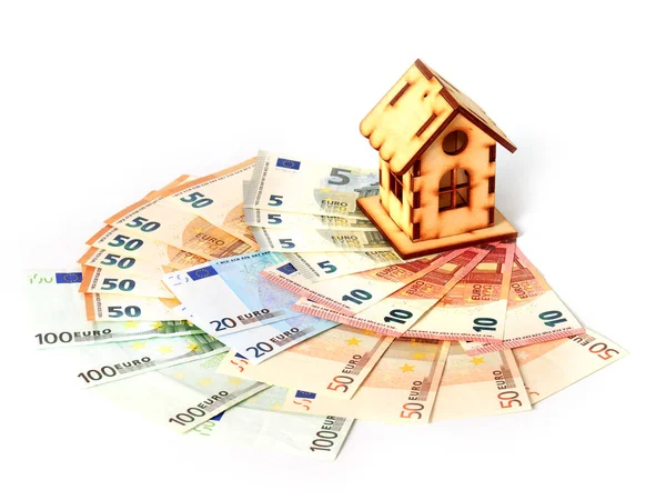 Wooden House Stands Pile Euro Paper Notes — Stock Photo, Image