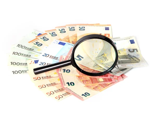 Une Loupe Paquet Billets Papier Euro — Photo