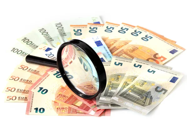 Una Lupa Montón Billetes Papel Euro — Foto de Stock