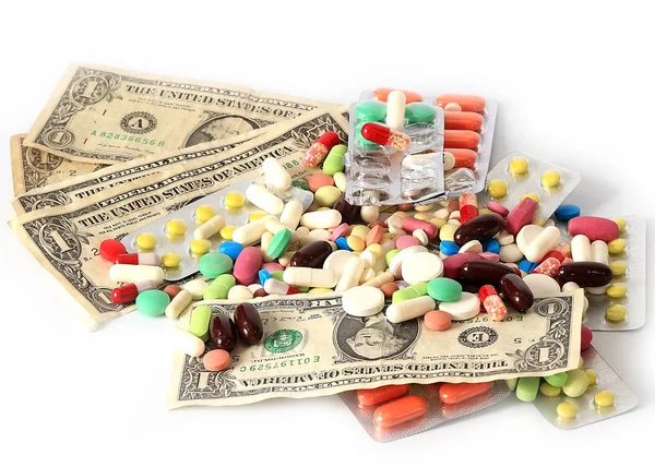 Montón Medicamentos Pastillas Junto Dólares Americanos — Foto de Stock