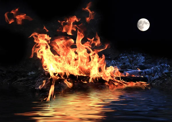 bright fire on the sea surface and full moon