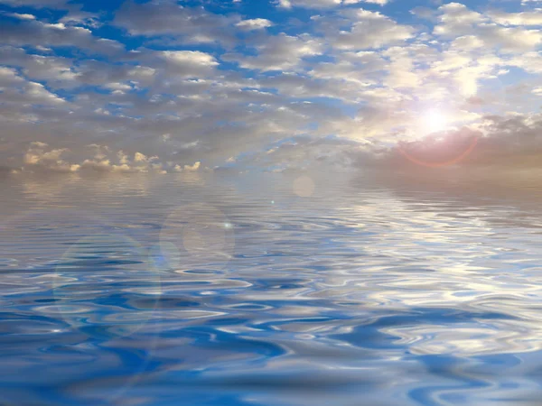 Spiegelung Des Sonnigen Wolkenverhangenen Himmels Der Ruhigen Oberfläche Des Stausees — Stockfoto