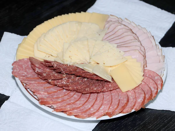 Cut Thin Slices Sausage Cheese — Zdjęcie stockowe