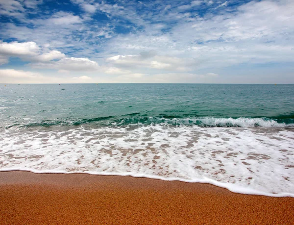 Güneşli yaz göğün altında güzel kumlu plaj