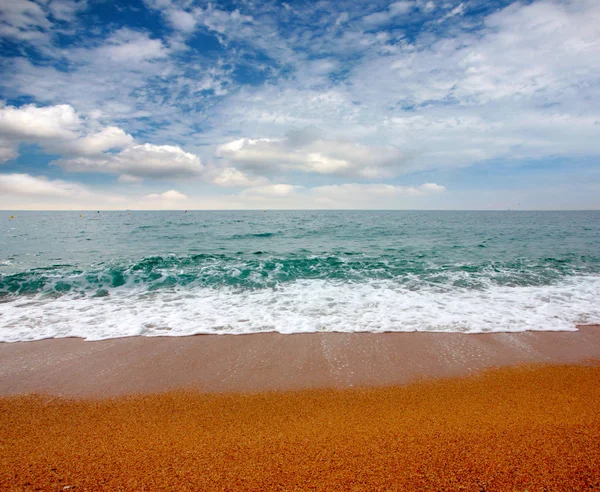 Güneşli yaz göğün altında güzel kumlu plaj