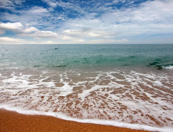 Güneşli yaz göğün altında güzel kumlu plaj