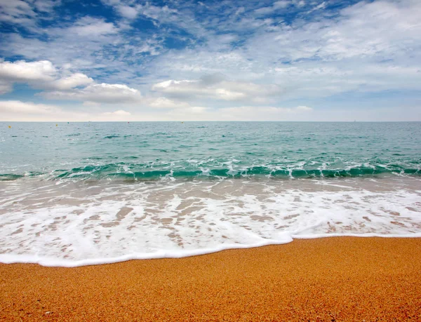 Güneşli yaz göğün altında güzel kumlu plaj