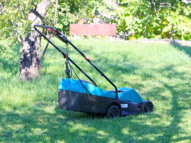 bir elektrikli çim biçme makinesi ile çim bahçesinden taze yeşil çim kesme