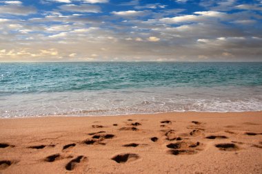 kumlu güneşli deniz plaj yaz göğün altında