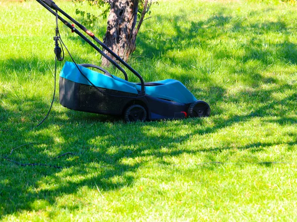 電動芝刈りと芝生の庭から新鮮な緑の草をカット — ストック写真