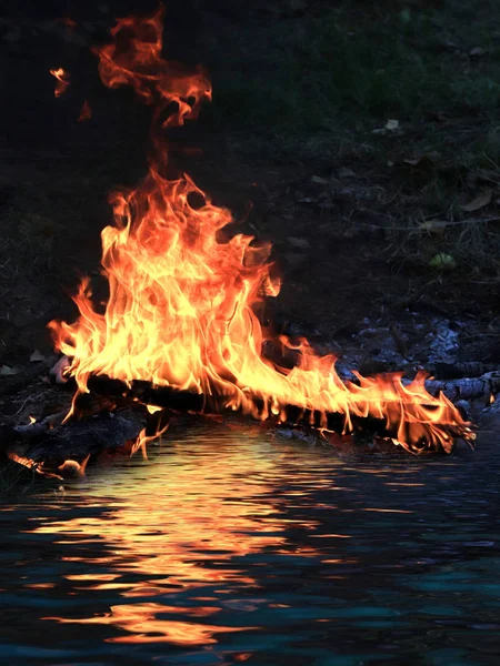 Tongues Bright Flame Coal Forest Fire Shore Reservoir — Stock Photo, Image