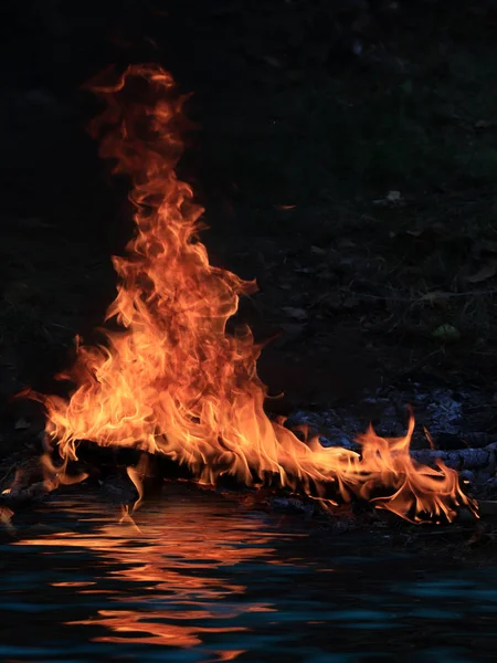 Lenguas Carbón Llama Brillante Incendio Forestal Orilla Del Embalse —  Fotos de Stock